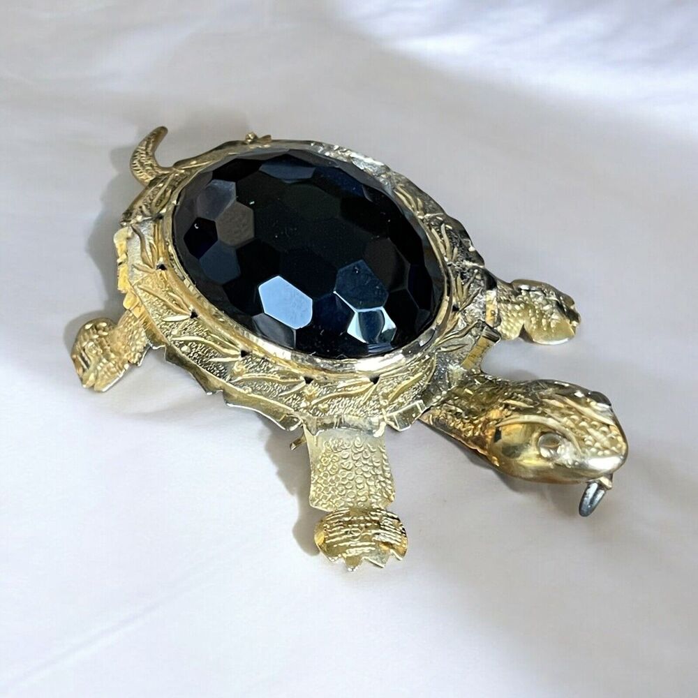 VTG Silver Gold Plated Faceted Smokey Quartz Topaz Turtle Brooch Pendant 19grams